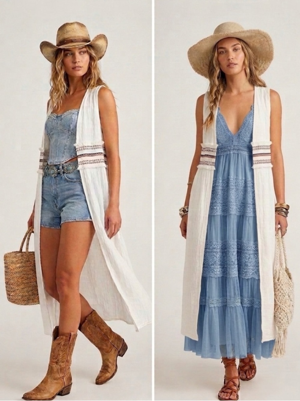 Kate Landry Boho Coastal Cowgirl Embroidered Duster Vest White Cotton Gauze